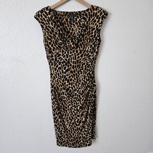 Lauren Ralph Lauren Dress Leopard Print Slinky Bodycon Faux Wrap Dress Size 6